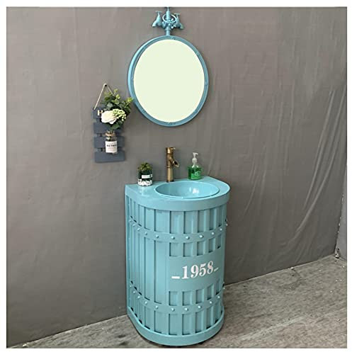 GLJTUO Mueble De Tocador De Estilo Industrial con Lavabo, Mueble De Baño De Pie Debajo del Fregadero, Mueble De Baño con Grifo Y Desagüe, Mueble De Lavabo De Baño De 22,4 X 18,(Blue with Mirror)