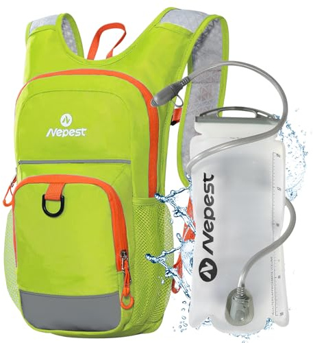 Nepest Kinderrucksack Trinkrucksack, 1,5-Liter-Wasserblase, Atmungsaktive Trinkflasche, Mit Reflexstreifen Und Verstellbaren Gurten, Grün