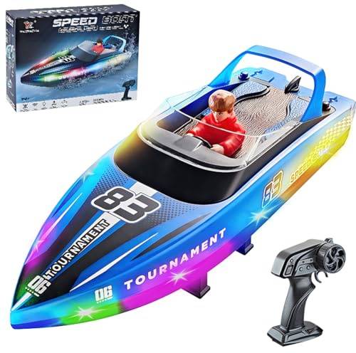 OBEST Bateau radiocommandé avec lumières LED, 2,4 GHz 15 km/h, bateau radiocommandé, vitesse haute/basse vitesse, endurance 120 min, jouet pour piscine/lac/étang