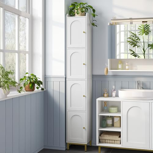 Hzuaneri Badezimmerschrank, Hochschrank Badezimmer mit 4 Türen, schlanker Badschrank, badschrank schmal hoch, verstellbaren Ablagen, Wohnzimmer, Küche, Schlafzimmer, 28 x 28 x 180 cm, Weiß BC43313G