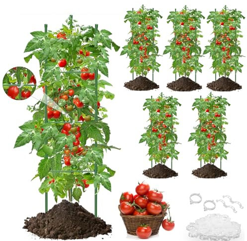 Isheurg Tomaten Rankhilfe 6 Stück,130cm Rankhilfen Gurken Kletterpflanzen,Einstellbar Höhe Garten Rankhilfe für Tomate, Gurken, Rosen, Garten,rankgitter Metall,Mit 50 Stück Pflanzenclips