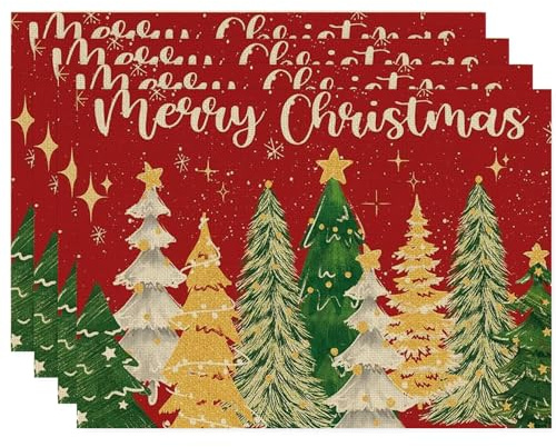 Luzzxfa Red Christmas Tree Set of 4 32x45 cm Placemats Table Mats Washable Linen Placemats for Kitchen Party Decoration