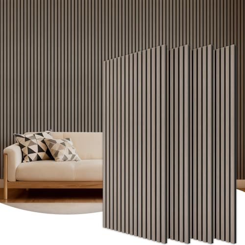 TONOR Holz-Wandpaneele für Innenwand-Deko – 4er-Pack, 120 × 60 cm | Akustikpaneele Holz-Lamellen – 2,88 m², Schalldämmende Wandpaneele für Lärmschutz & Deko, Wohnzimmer, Büro, Grau