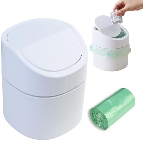 Rieoany Papelera Escritorio con Tapa 2L Cubo Basura Pequeño Papelera Oficina con 1 Rollos de Bolsas de Basura, Para Cocina, Salón, Comedor, Dormitorio, Baño, Oficina, Escritorio, Mesa del Tocador