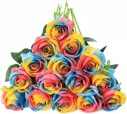 Witeygai 10 Stück Regenbogenfarben Rosen Künstlich, Long Stem Fake Rose Seide Braut Hochzeitsstrauß Realistische Blume für Hausgarten Party Hochzeitssträuße Garten Wohnzimmer Hotel Büro Dekor
