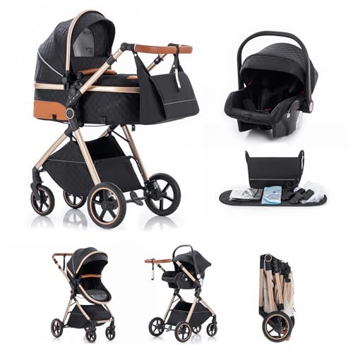 Kakbgee 3 in 1 Kinderwagen, Buggy Kompakte Faltbar,Höhenverstellbarer Griff | Kinderwagen mit Babyschale, 4-Rad Federung, Regenschutz, Moskitonetz, Kombikinderwagen für Neugeborene 0-3 Jahre15kg, Schwarz