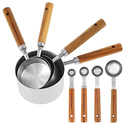 8PCS Measuring Cup and Spoons with Wooden Handle, Rustproof, Reusable Stainless Steel Kitchen Measuring Gadgets, Cup Measurement Set for Kitchen Home Baking