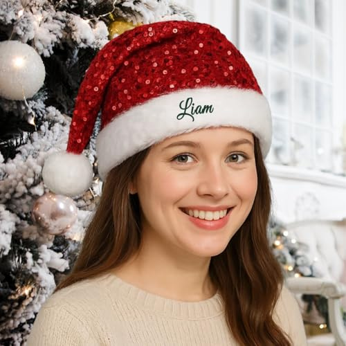 Fegiuly Glitzernde Weihnachtsmütze für Damen und Herren, personalisierbar, bestickter Namen, Weihnachtsmütze, Urlaubsparty-Kostüm für Neujahr und Halloween