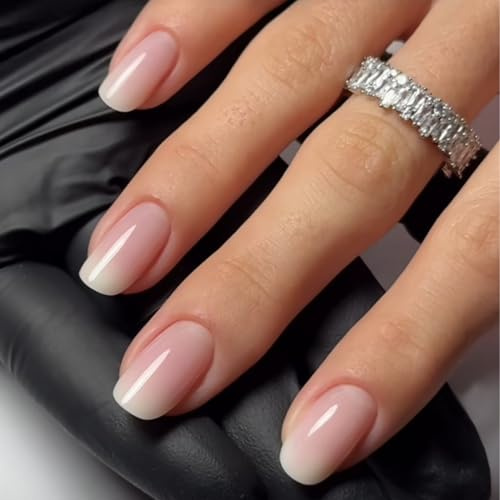 Press On Nails Short - 24pcs French Tip False Nails Square - Gradient White Nude Pink Fake Nails - Reusable Acrylic Ombre Nail Tips With Glue - Natural Stick On Nails For Women Nails Art Manicure