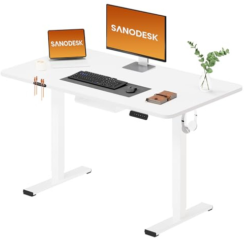 SANODESK Electric Standing Desk 110 * 54 One Piece Height Adjustable Desk With Memory Smart Panel Sit Stand Table With Hooks for Home Office, White