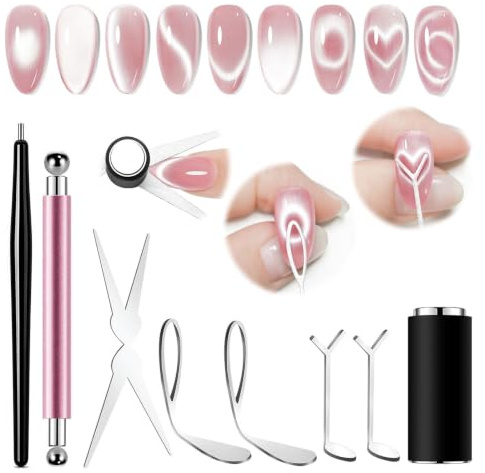Glamoreal Kit d’aimants pour ongles effet œil de chat, outil magnétique cœur œil de chat, aimant cylindrique 3 en 1 avec aimants sphériques, stylo magnétique pour nail art, gabarits magnétiques