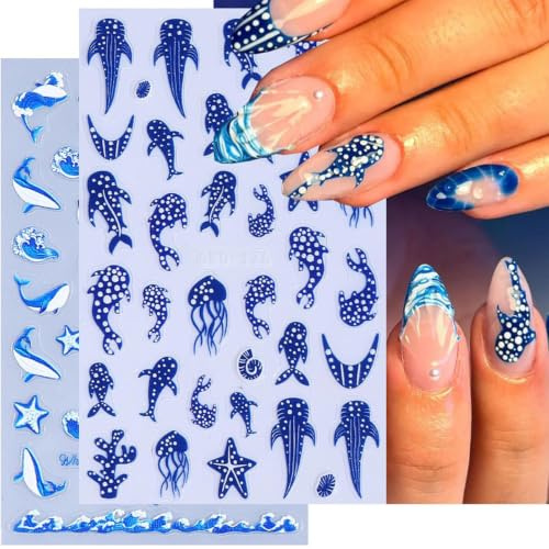 Glamoreal Ocean Blue Nail Stickers for Summer Nail Art, Polka Dot Whale Shark Nail Stickers, 3D Self-Adhesive Cartoon Nail Decorations for Women and Girls, DIY Set, 2 Sheets