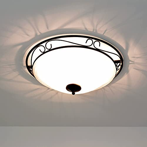 Licht-Erlebnisse Deckenleuchte Landhausstil, Wohnzimmerlampe, Schwarz, Metall, Glas, Rustikal, blendarm, E27, 3-flammig, Ø47 cm rund, Deckenleuchte Küche, Deckenlampe Antik