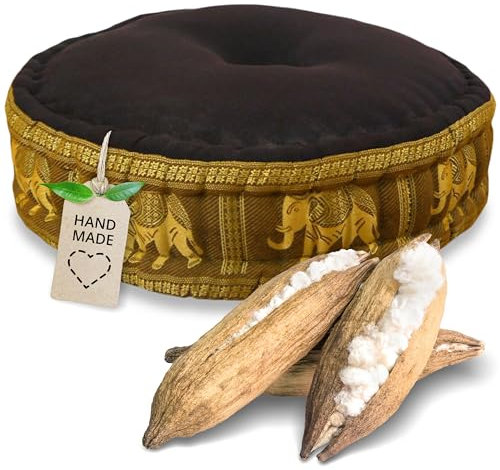 livasia Meditationskissen mit Thaiseide - Ø 45x15cm - Yogakissen mit Kapok, Pouf, Bodenkissen für Yoga und Zen Meditation, Sitzkissen für Garten und Balkon, Zafukissen (Braun/Gold/Elefanten Seide)