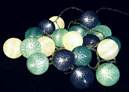 GURU SHOP Stoff Ball Batterielichterkette 3xAA, LED Kugel Lichterkette - Türkis/blau/weiß, Baumwollfäden, 6x6x315 cm, Lichterketten