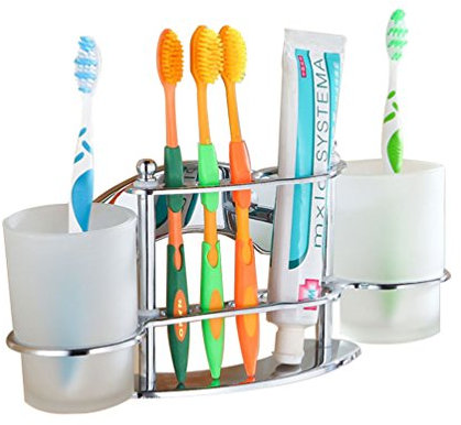 GDrems Wandmontage Haltbar Edelstahl Chrom satiniertem Glas Doppelt Zahnbürstenhalter Zahnputzbecher Zahnputzbecherhalter Badzubehör Badaccessoires