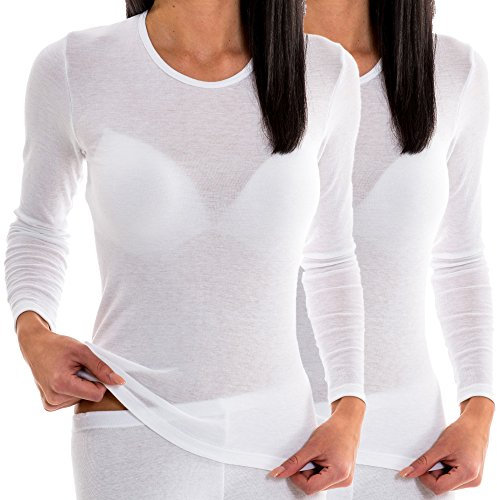 HERMKO 17830 2 Stück Damen Langarm Unterhemd, Shirt aus Baumwolle/Modal, Farbe:weiß, Größe:36/38 (S)