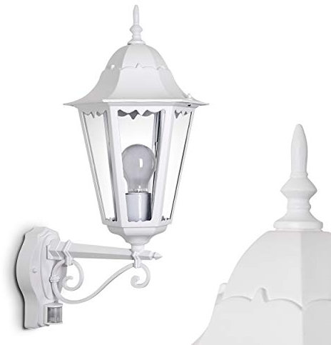 Außenwandleuchte Hongkong m. Bewegungsmelder, Wandlampe aufwärts in antikem Look, Aluguß in Weiß m. Klarglas-Scheiben, Wandleuchte für Terrasse/Hof m. E27-Fassung, Retro/Vintage, ohne Leuchtmittel