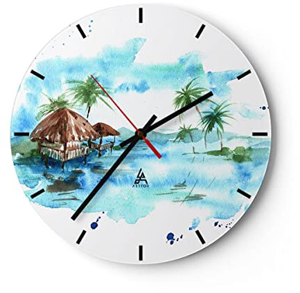 Modern Wanduhr Tropen Wasser Bungalow Ufer 40x40cm Rund Groß Wand Uhr Glas Analog Zimmeruhren Küche Büro Wohnzimmer Glasuhr Wall Clock Dekoration Design Wanddekoration Küchenuhr C3AR40x40-2988