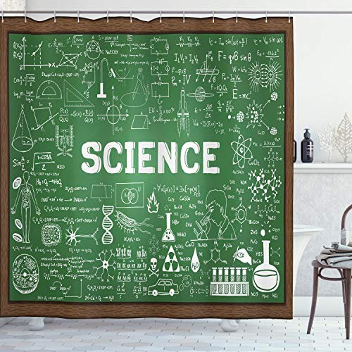 ABAKUHAUS Biologie Duschvorhang, Wissenschaft Wort auf Tafel, Stoffliches Gewebe Badezimmerdekorationsset mit Haken, 175 x 220 cm, Grün Braun und Weiß