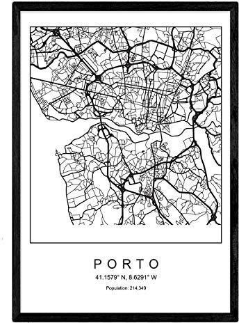 Carte Art Blade Porto Style nordique en noir et blanc. Affiche A3 Taille encadrée avec du papier noir imprimé 250 gr. Photos, draps et affiches pour salon et chambre à coucher