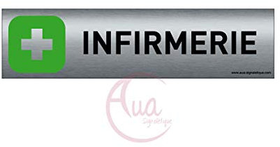 Plaque de porte aluminium brossé imprimé -Dimensions 200 x 50 mm - Double face adhésif au dos - Impression UV directement sur l'aluminium (Pas de contre collage) (Infirmerie)
