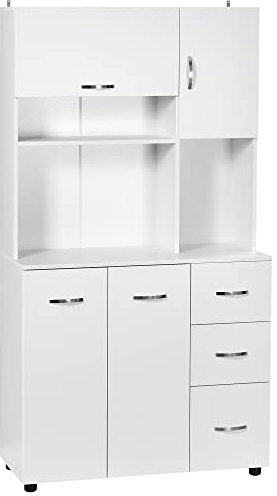 HOMCOM Armoire de Cuisine Multi-rangements 4 Portes 3 tiroirs étagère + Grand Plateau 89L x 39,5l x 168H cm Blanc