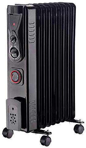 NRG 9 Fin Oil Filled Radiator Electric Heaters with 24 Hour Timer Safety Thermal Cut Off 2KW Black