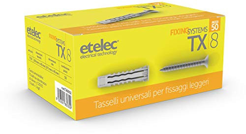Kit Scatola 50 Tasselli Universali TX8 Nylon 8X40 mm Vite 5x45 mm - ETELEC TA0002