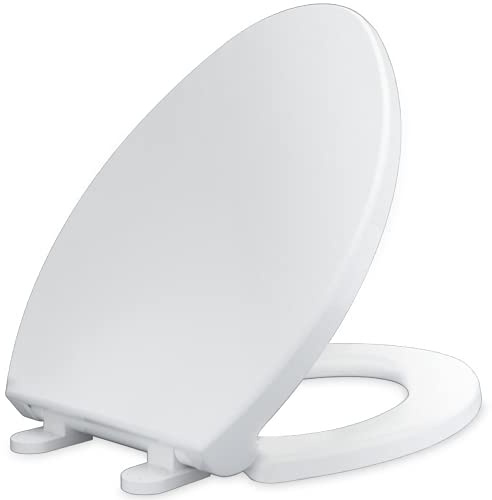 CYRRET Elongated Toilet Seat, Slow Close, Easy to Install and Clean, Non-slip Buffers, Stainless Steel screws bolts, Plastic, White, Replacement Toilet Seats Fit all Brands Elongated Toilets
