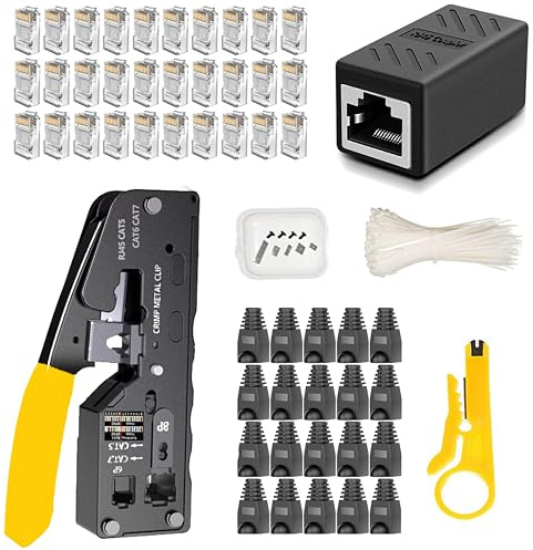 LUBEIN RJ45 Professional Network Maintenance Repair Kit Ethernet Crimper Kit CAT5 CAT6 Crimp Tool Cable Pass Through Connectors Wire Stripper Punchdown Tools(X-WX19)