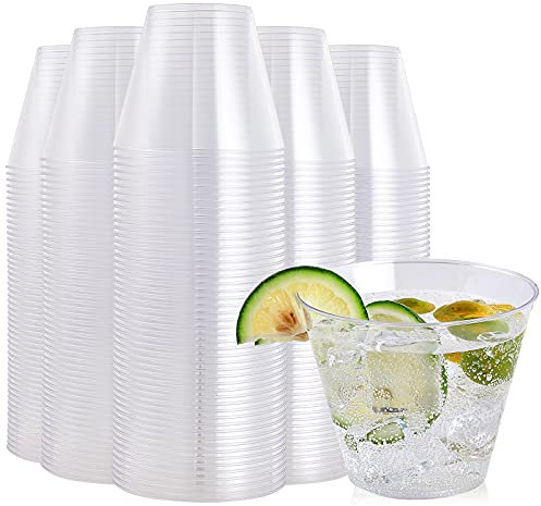 FOCUSLINE 9 oz Clear Plastic Cups, 200 Pack Disposable Cups Reusable Plastic Cups Tumblers, Heavy Duty Hard Plastic Cups for Wedding, Thanksgiving, Halloween, Christmas Party