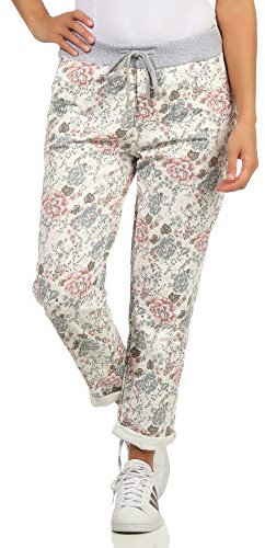 GRINGO Damen Sweatpants Boyfriend Jogginghose Freizeithose Sport One Size (Blume weiß)