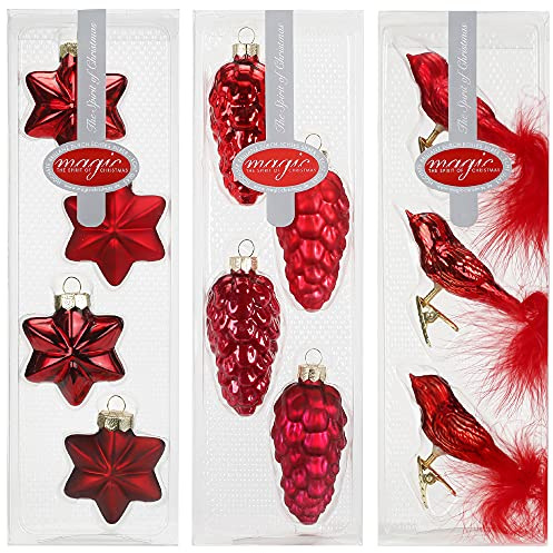 Inge-glas Magic Formenset 11tlg Vögel Box mit 3 Stück ca. 8cm Stern Box mit 5 Stück 6cm Zapfen Box mit 4 Stück 9cm Material: echtes Glas innen versilbert außen lackiert (Ruby Red)