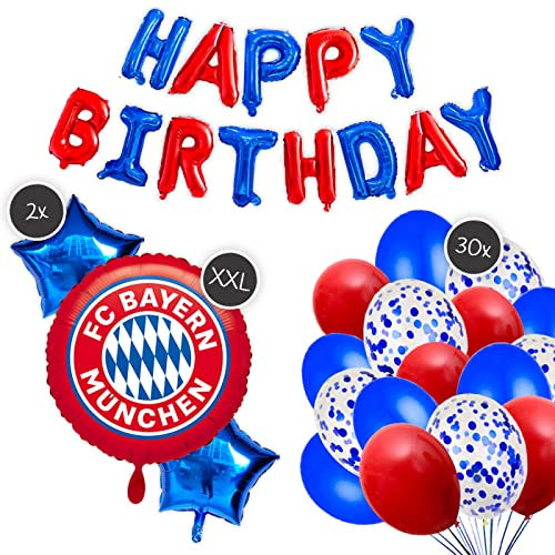 XXL FC Bayern München Kindergeburtstag Deko Set - 46 Teile - XXL FCB Folienballon, Stern Ballons, Happy Birthday Ballons, Luftballons