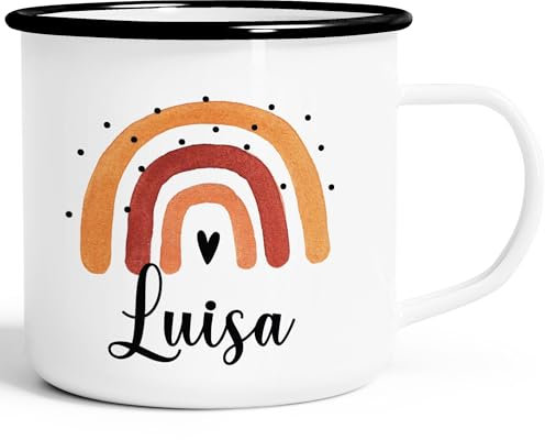 SpecialMe® Emaille-Tasse Kinder mit Name bedruckt Motiv Regenbogen personalisierbar Becher personalisierte Geschenke Mädchen weiss-rot-schwarz Emailletasse