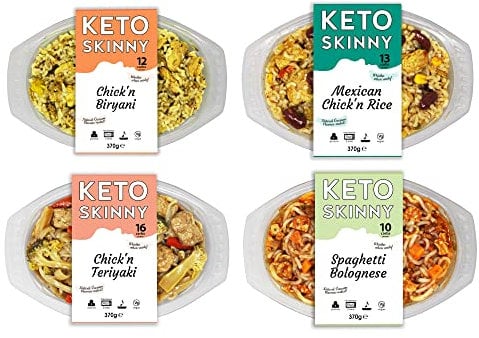 Keto Skinny Chilled Meal (Teriyaki Chick'n, Bolognese, Mexican Chick'n Rice and Chick'n Biryani) (Pack of 4, 370g) - Low Calorie Microwaveable Meal - High Protein Konjac Flour Keto Diet