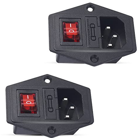 PNGKNYOCN IEC320 Enchufe del módulo de entrada 250V 10A Fusible adaptador de enchufe de montaje en panel de 3 pines con interruptor de botón rojo Toma de corriente (2-pack)