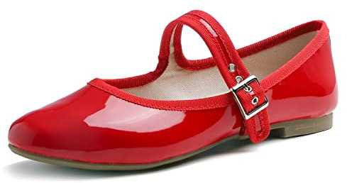 Feversole Damen Weiches Kissen Extra Gepolstert Komfort Runde Zehe Mary Jane Metallschnalle Mode Ballerinas Wanderschuhe, Rot Leinwand Mary Jane 38
