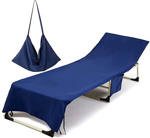 Morbuy Schonbezug für Gartenliege - Frottee Liegenauflage Garten Mikrofaser Sonnenliege Handtuch mit 3 Taschen, Einfarbig Handtücher für Schwimmbäder, Strände, Gartenhotels (75x215cm, Dunkelblau)