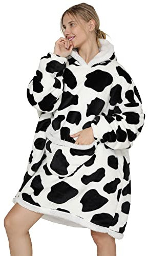JOJJJOJ Coperta oversize con cappuccio, con tasca gigante, coperta comoda e calda in pile Sherpa, felpa/accappatoio per uomini e donne, idea regalo per ragazzi, Cow, taglia unica plus