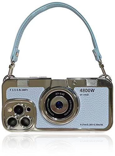 QoKcoahn Schutzhülle kompatibel mit iPhone 13, niedliche 3D-Vintage-Kamera-Handyhülle mit Handschlaufe, einzigartige Coole Silikon-TPU-Hülle, stoßfeste Schutzhülle für Frauen und Mädchen Blau