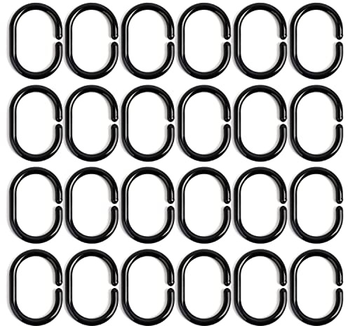 24 svart plast duschdraperiringar, gardinkrokar, C-formade duschdraperiringar, duschdraperitillbehör, används för duschskenor (4,2 x 6 cm)