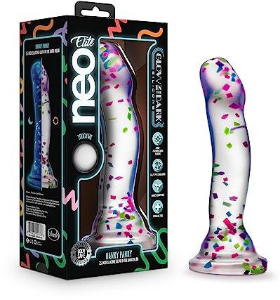 Blush Novelties Neo Elite Purio™ Silikon-Dildo, der im Dunkeln leuchtet – 7,5-Zoll-Dildo mit lustigem Konfetti – Durchdachte Kurven für G-Punkt- und P-Punkt-Vergnügen – Seidig glatt