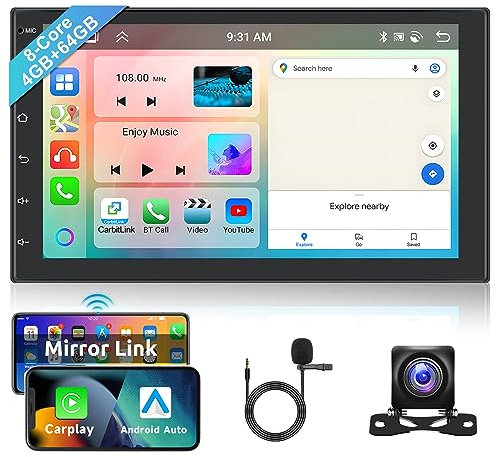 Hodozzy 8 Core 4GB+64GB Autoradio Android, 2 Din Auto Schermo 7 Pollici IPS Touch Screen Autoradio con DSP Navigazione GPS Carplay Android Auto Mirror Link WIFI Bluetooth FM RDS Radio Universale