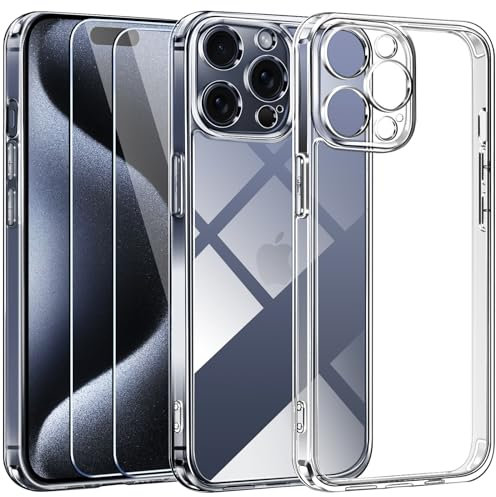 ivoler 3 en 1 Coque Compatible avec iPhone 15 Pro Max 6.7 Pouces avec 2 Pièces Verre Trempé, [Anti-Jaune] [Protection Militaire] [Conception de Caméra Protection] Transparente Étui Antichoc Housse
