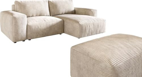 DELIFE Eckcouch Lanzo L Cord Beige 260x160 cm Recamiere variabel mit Hocker