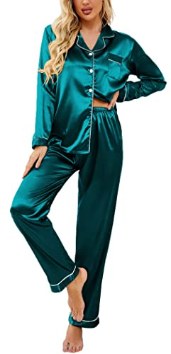 Ekouaer Womens Satin Pyjama Sets Ladies Silk Nightwear 2 Piece Short Sleeve Pj Set Button Down Sleepwear Set Loungewear Blue-green