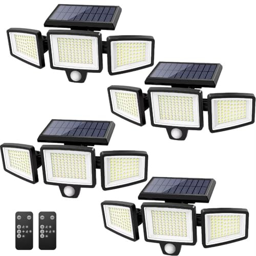 Tuffenough Solar Outdoor Lights 2500LM 210 LED Security Lights with Remote Control,3 Heads Motion Sensor Lights, IP65 Waterproof,270° Wide Angle Flood Wall Lights with 3 Modes(4 Pack)