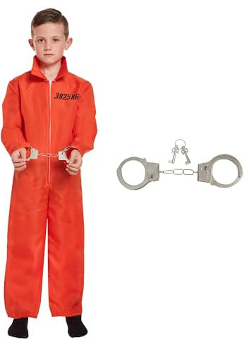 Lizzy Orange Prisoner Jumpsuit + Handcuffs Children’s overall Boiler Suit Convict Prison Inmate Fancy Dress halloween Costume Outfit girls &and boys accessory (Medium 7-9)